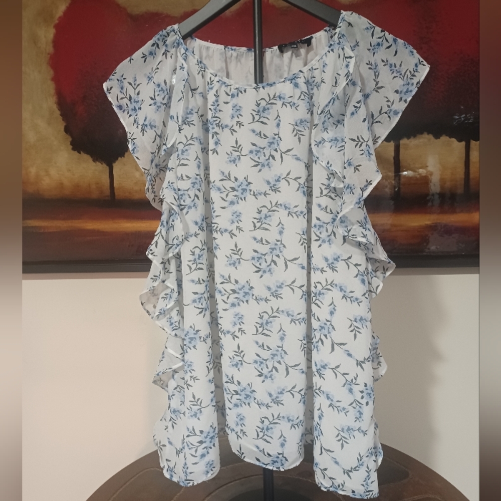 1. State Light Blue Floral Ruffle Sleeve Blouse